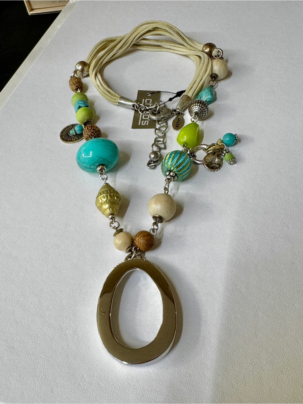 Chico's Turquoise & Lime Multi-Bead Pendant Necklace 241